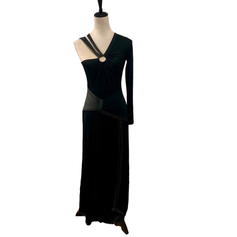 YIGAL AZROUËL COATED JERSEY MESH LEATHER COMBO CUTOUT MAXI GOWN SIZE US 0